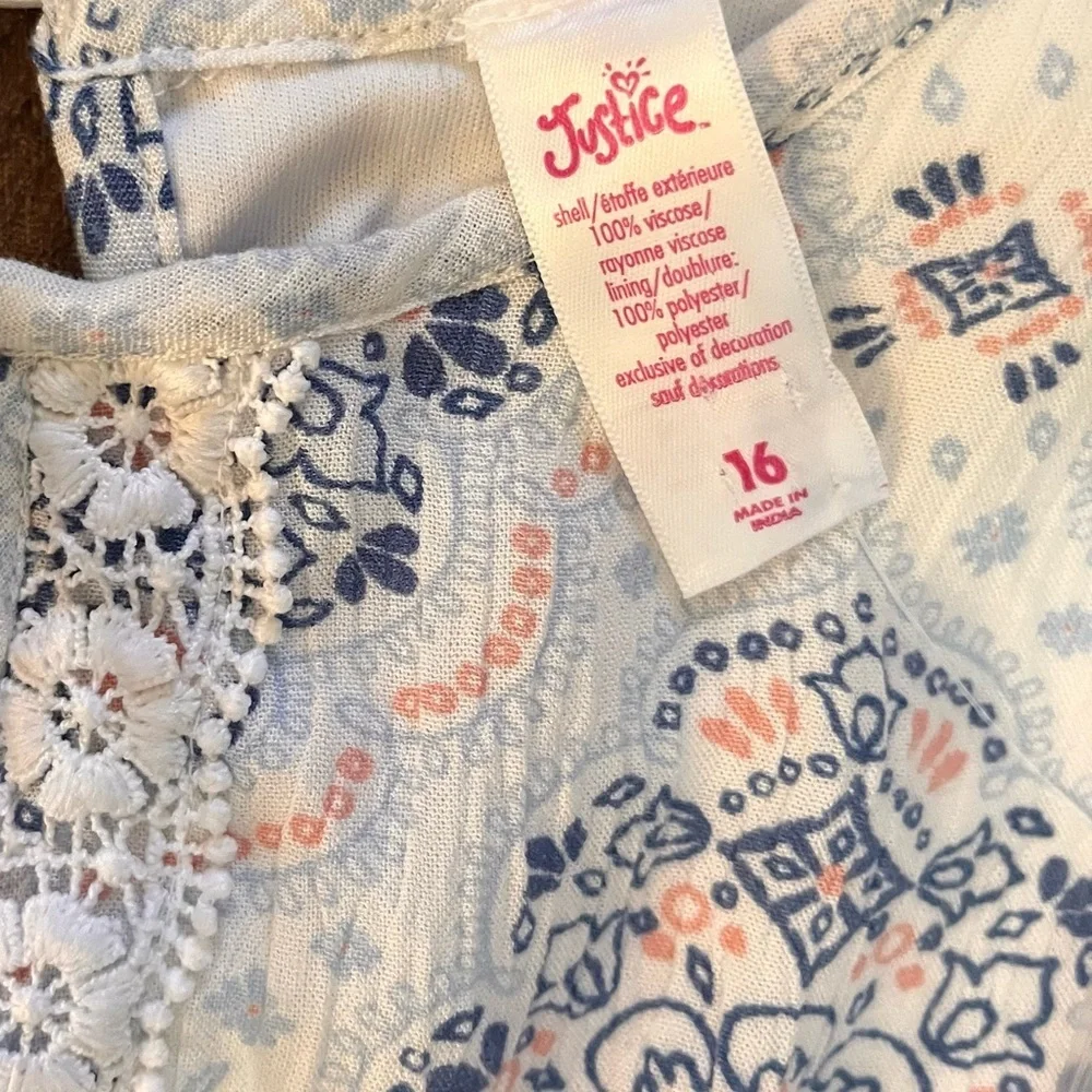NWT justice girls one piece romper elastic waist tassels Sz 16 blue white